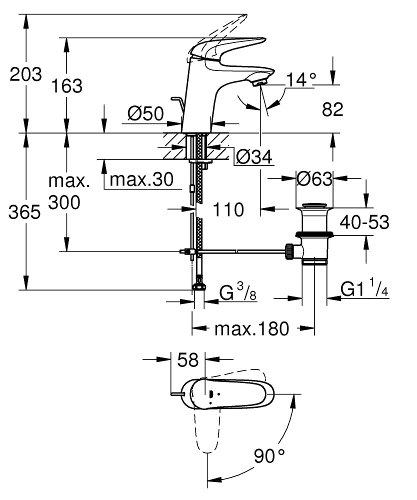 Baterie lavoar marimea S Grohe Eurostyle culoare alb,maner plin-23709LS3
