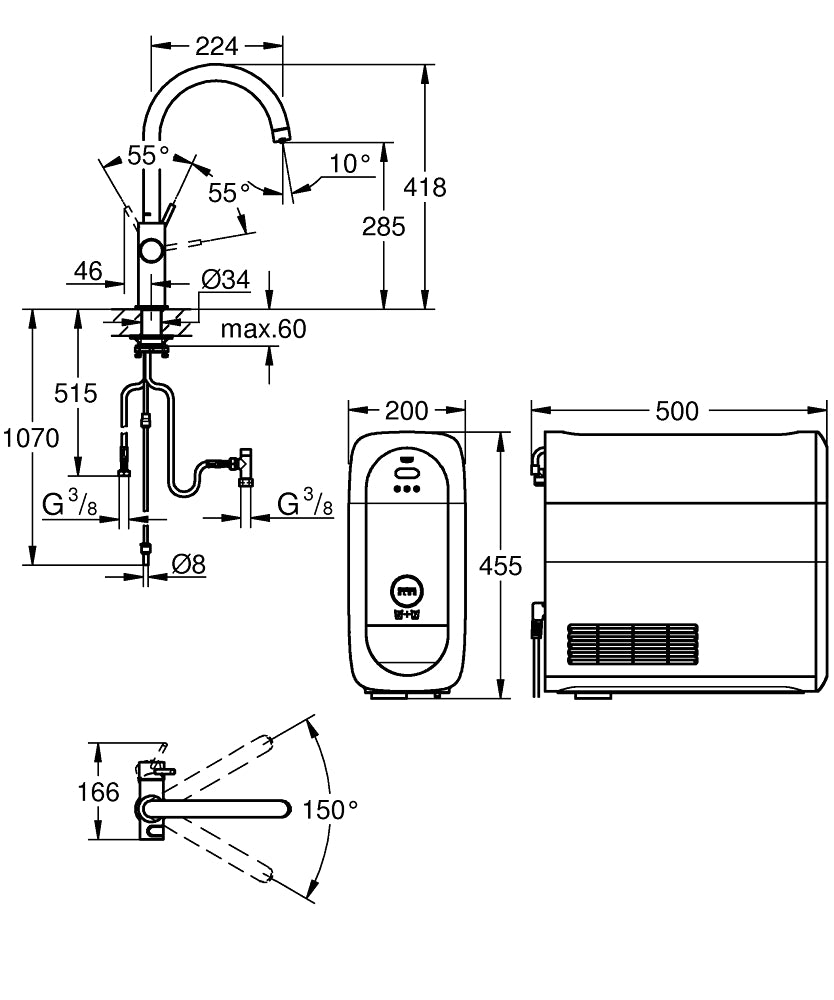 Baterie bucatarie Grohe Blue Home, monocomanda, sistem de filtrare apa, racire apa si apa carbogazoasa, 3 nivele mineralizare, cartus ceramic, pipa tip C, pivotanta 150, Crom-31455001