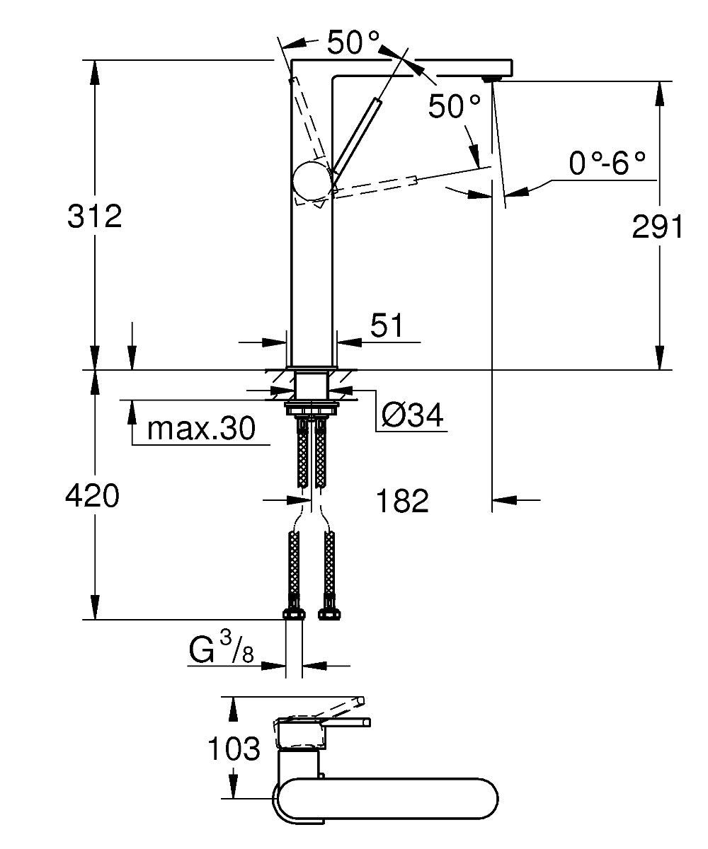 Baterie lavoar montare blat Grohe Plus, marimea XL, crom, furtune flexibile,debit 5,7 l/min-32618003