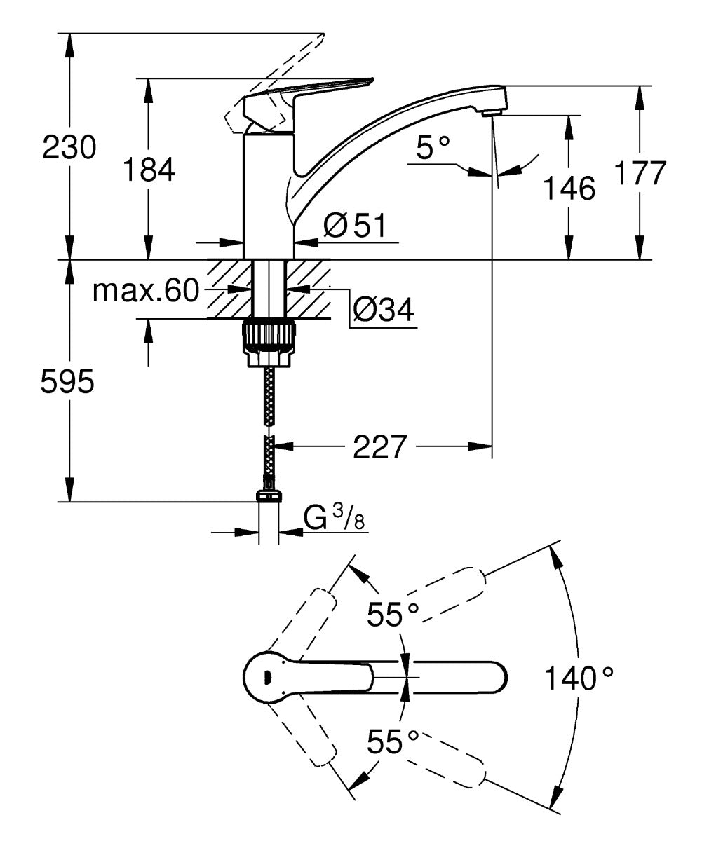 Baterie bucatarie Grohe Start, pipa medie, pivotanta, crom, furtunuri flexibile,model 2022-30530002