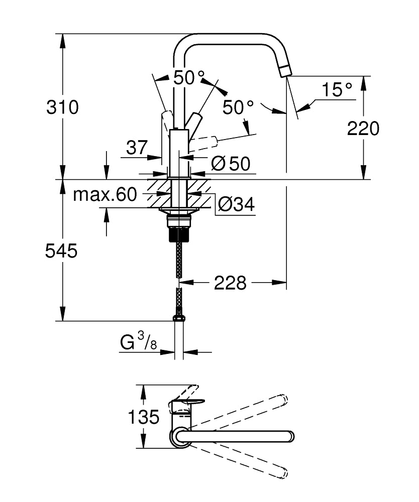 Baterie de bucatarie Grohe Start , pipa inalta, tip U, pivotanta,crom-30470000
