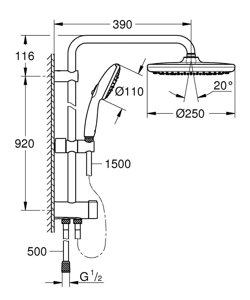 Pachet : Sistem dus Grohe New Tempesta 250 +baterie cada termostat Grh 800( 26675001 ,34567000)