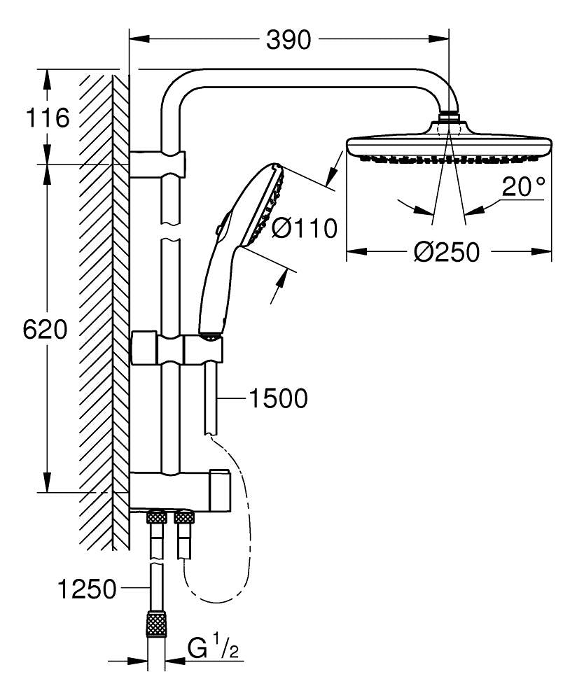 Coloana dus Grohe fara baterie Tempesta 250  cu divertor pentru montare pe perete- 26675001