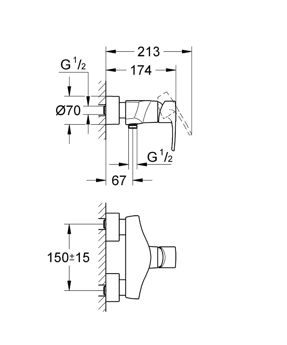 Baterie dus Grohe Europlus, montare pe perete,crom-33577001