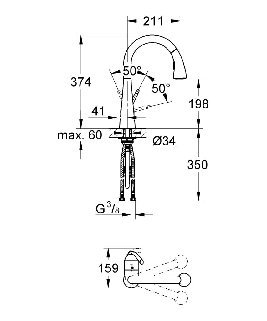 Baterie bucatarie Grohe Zedra New,furtune flexibile,dus, crom-32294001