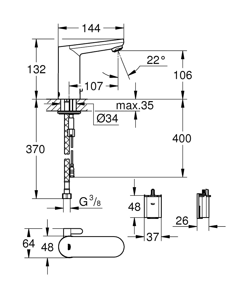 Baterie lavoar senzor Grohe Eurosmart New ,crom, montare pe lavoar, alimentare pe baterie-36327001