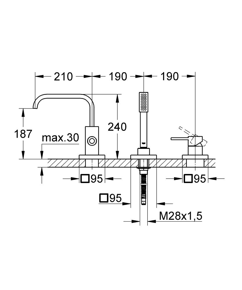 Baterie cada/dus 3 gauri, Grohe Allure, montare pe cada, corp incastrat inclus (19316000,33339)