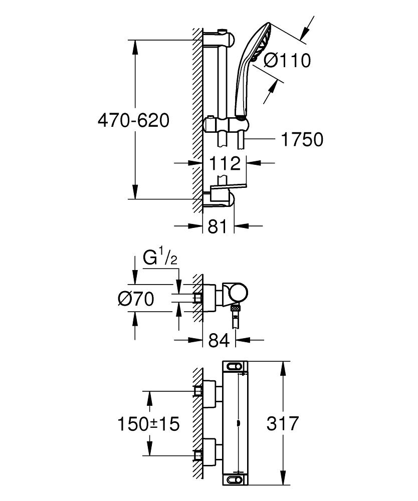Sistem de dus cu termostat Grohe Grohtherm 2000, montare aparenta, 3 functii, para dus inclusa, brat ajustabil, etajera, anti-calcar, crom - 34195001