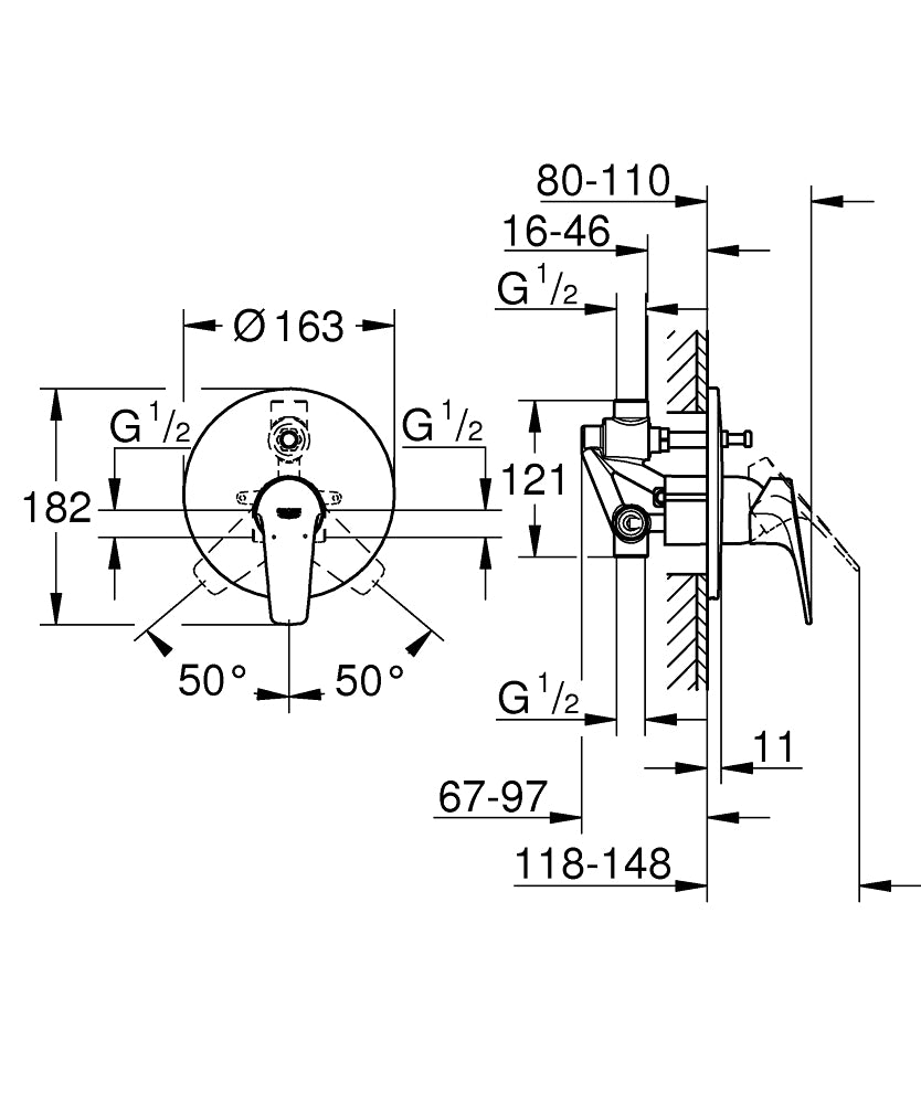 Baterie baie cada montare ingropat, doua iesiri, Grohe BauFlow-29113000
