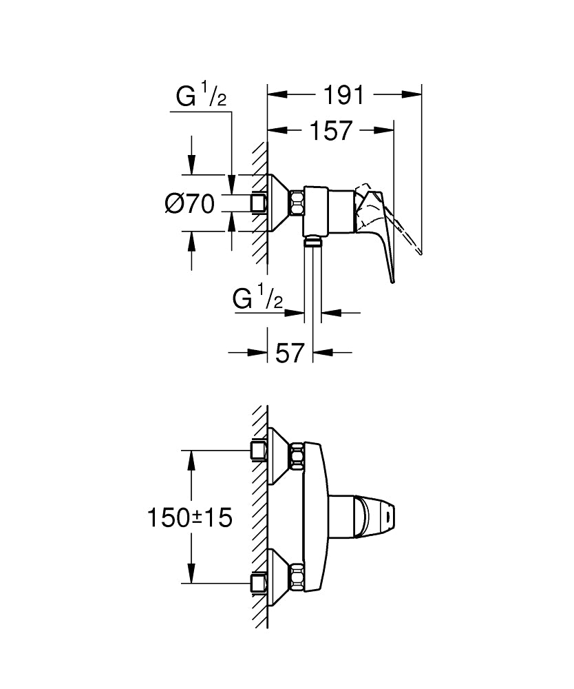 Baterie baie cabina de dus Grohe BauFlow,crom,monatre pe perete-23755000