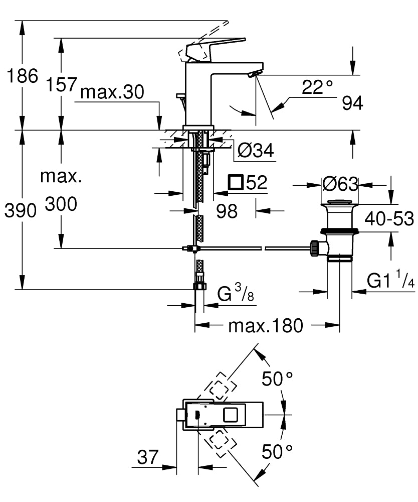Baterie lavoar Grohe Eurocube, marimea S, cartus ceramic, set evacuare cu tija, aerator, marimea S, Crom-23127000