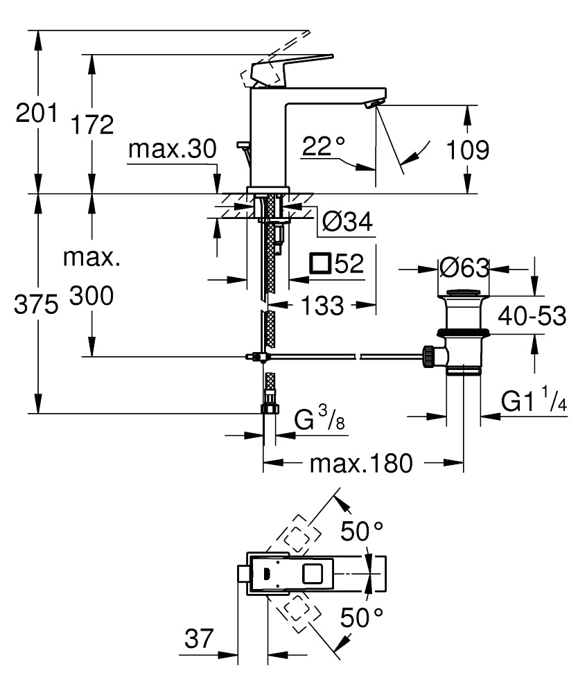 Baterie lavoar Grohe Eurocube, marimea M,cartus ceramic, set evacuare cu tija, aerator, Crom-23445000