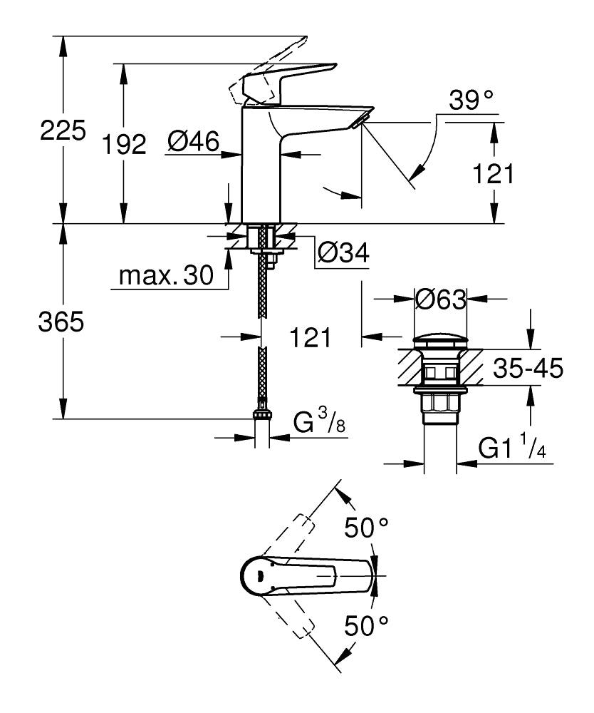 Baterie lavoar Grohe Start , 3/8'', marimea M, monocomanda, cartus ceramic, evacuare push to open, crom-24204002