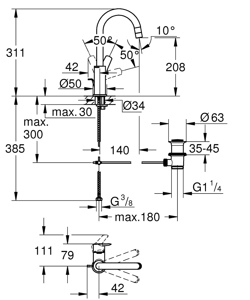 Baterie lavoar Grohe Start , marimea L, monocomanda, pivotanta, cartus ceramic, ventil cu tija, crom-24203002