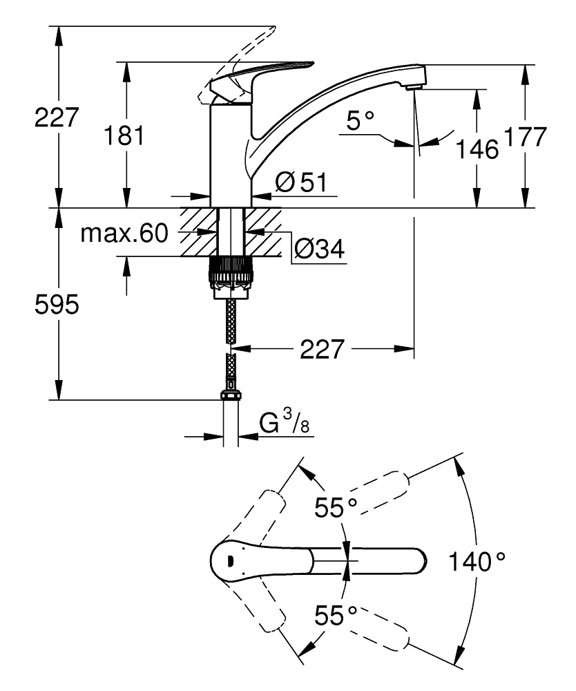 Baterie bucatarie Grohe Eurosmart 2021, pipa pivotanta,furtunuri flexibile, crom-33281003