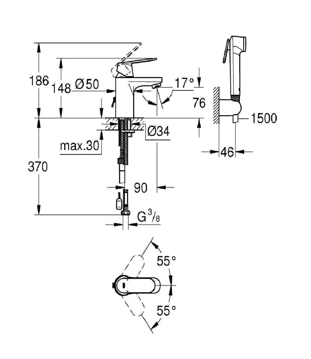Baterie lavoar Grohe Eurosmart Cosmopolitan, marimea S, dus igienic, crom - 23125000