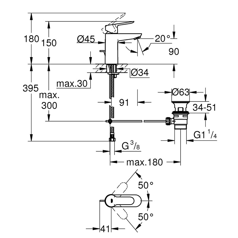 Pachet: Baterie cada/dus Grohe Bau Edge-23334000 + Baterie lavoar Grohe Bau Edge-23328000