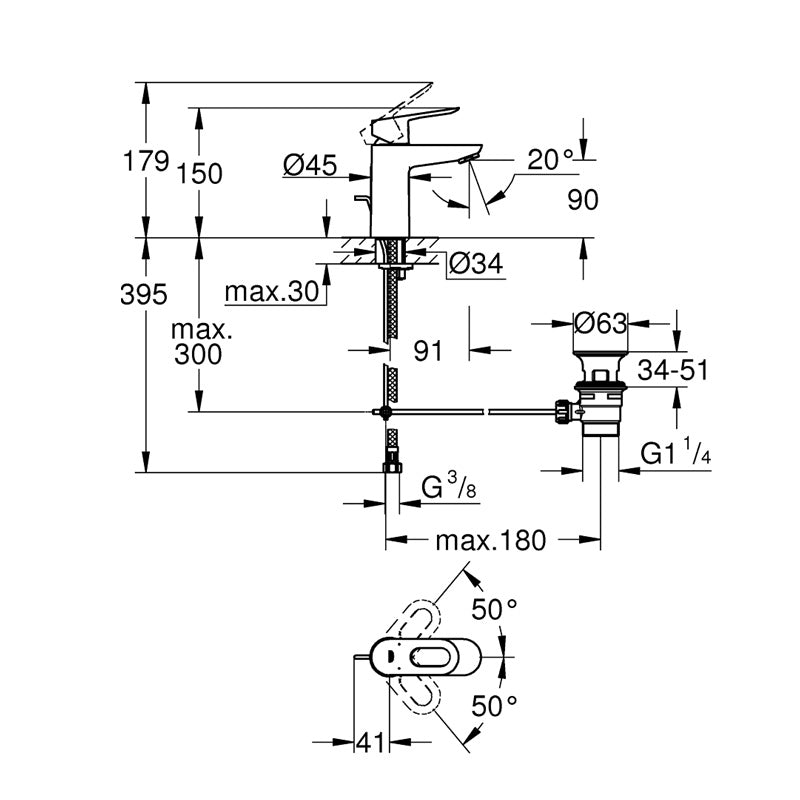 Pachet: Baterie Grohe cada/dus termostat Grohtherm 1000-34155003 + Baterie baie lavoar Grohe Bauloop cod-23335000
