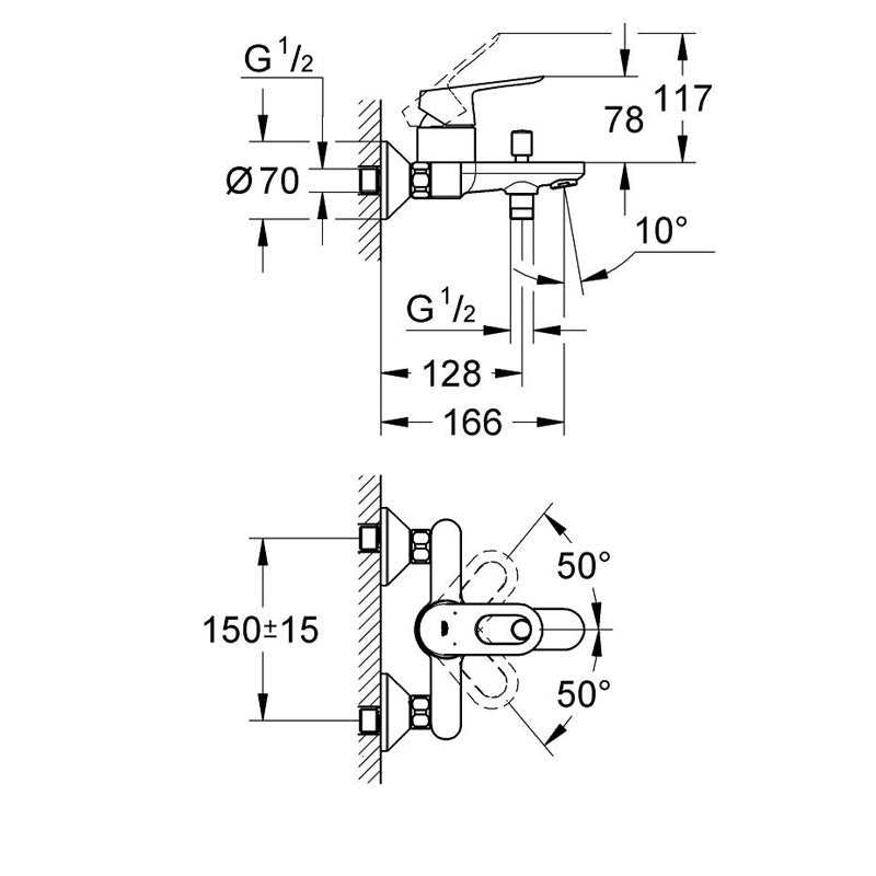 Pachet: Baterie baie cada Grohe Bauloop-23341000+Set dus Grohe New Tempesta 100 lungime 1,25m-27799001