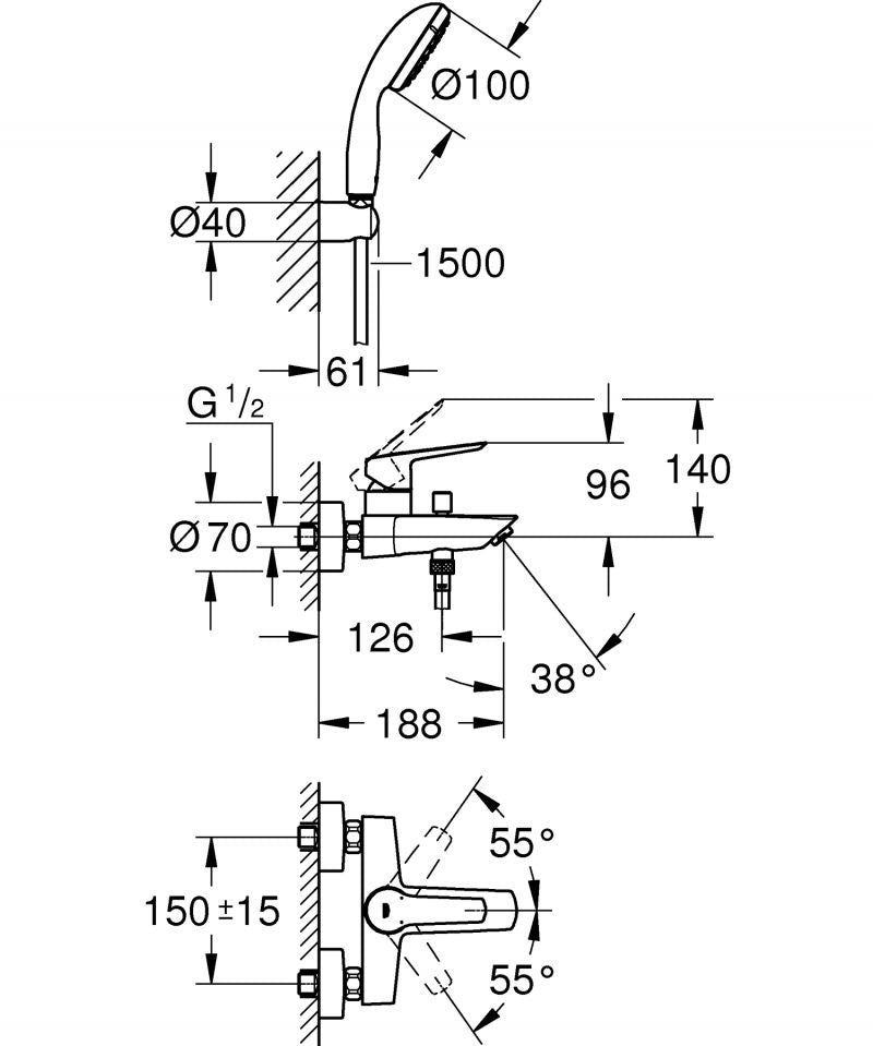 Baterie cada Grohe Start, set de dus inclus, crom -23413002