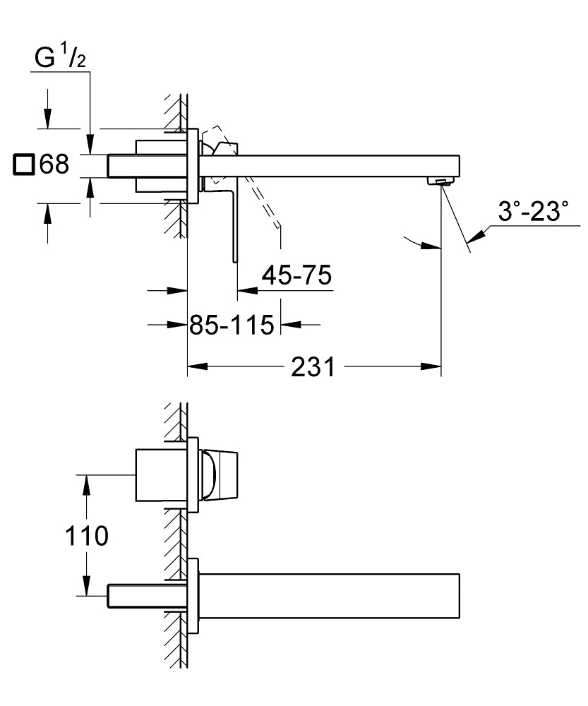 Baterie lavoar Grohe Eurocube, fara corp incastrat, montare pe perete, marimea L, monocomanda, crom - 23447000