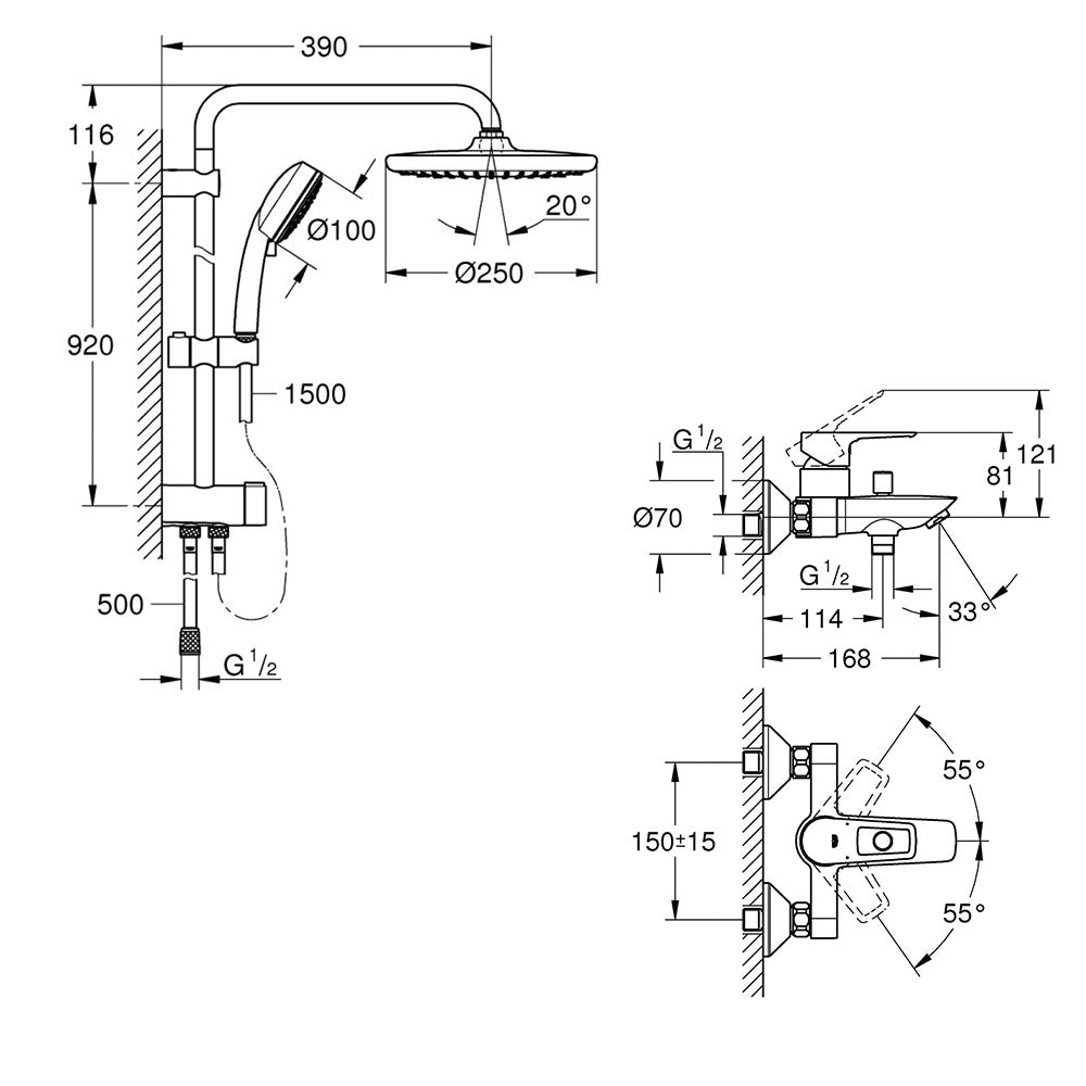 Coloana dus Grohe Tempesta 250+baterie cada Grohe Bauloop (26980001,23602001)