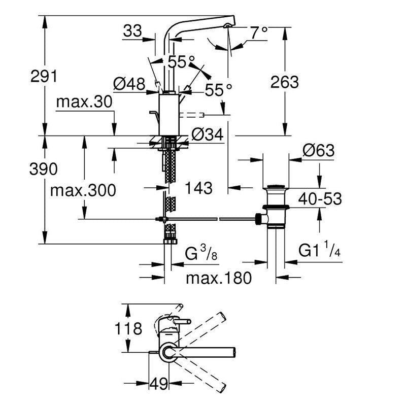 Pachet: Baterie dus Grohe Grohtherm 800 si Set dus cu bara Tempesta Mono-34565001, Baterie lavoar Grohe Conncetto L size-23739001