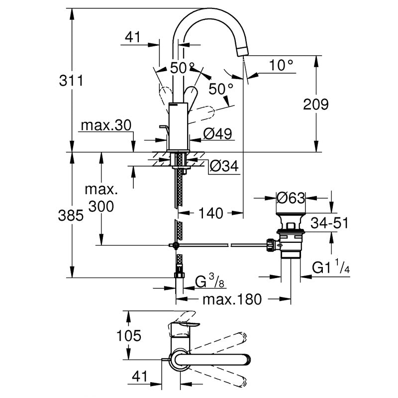 Pachet: Coloana dus Grohe New Tempesta 210-27922001, Baterie lavoar Grohe BauEdge L-23760000, Agăţătoare Grohe BauCosmopolitan-40461001