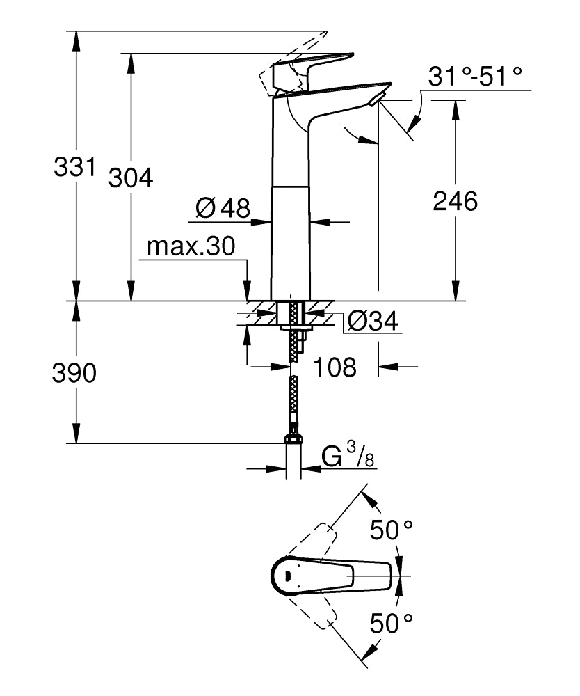 Baterie lavoar Grohe BauEdge XL, montare blat, crom,furtune flexibile-23761001