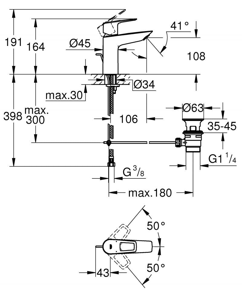 Baterie lavoar Grohe Bauloop, marima M, set evacuare cu tija, crom, furtunuri flexibile-23762001