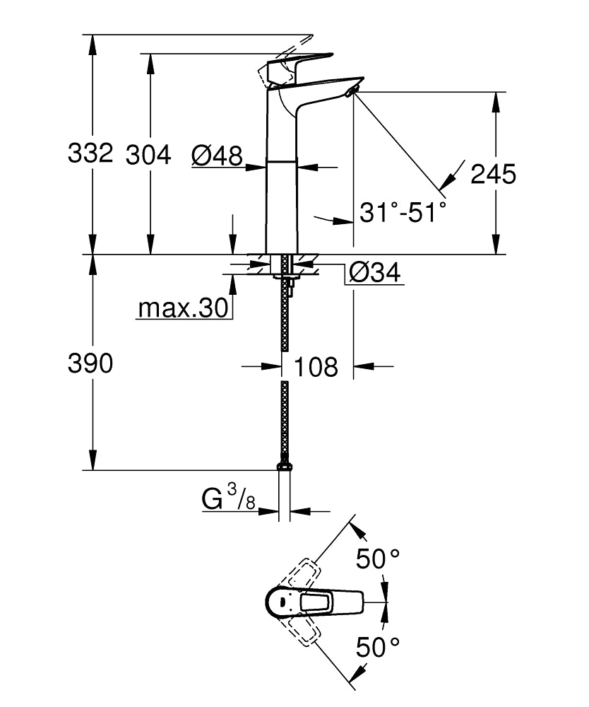 Baterie lavoar Grohe Bauloop, montare pe blat, crom, monocomanda, furtunuri flexibile-23764001