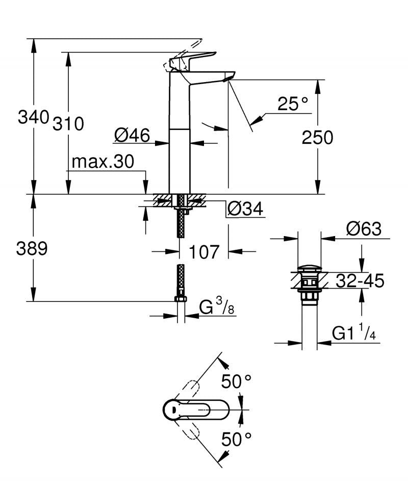 Baterie lavoar, Grohe Start Egde, montare blat, furtunuri flexibile, crom- 23777000