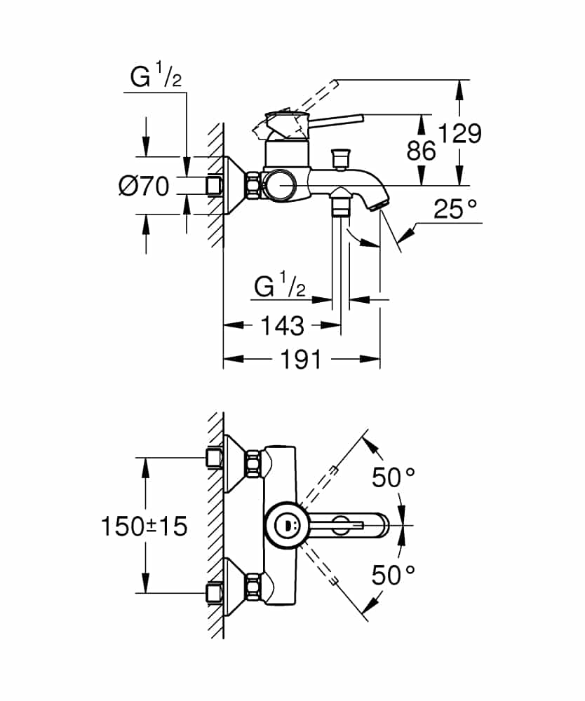 Baterie cada/dus Grohe Bau Classic, montare pe perete, crom-23787000