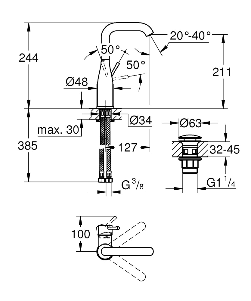 Baterie lavoar Grohe Essence, 3/8'', monocomanda, marimea L, pivotanta, crom - 23799001