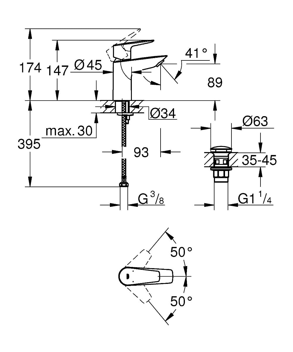 Baterie lavoar Grohe StartEdge, marimea S, furtunuri flexibile, crom-23898001