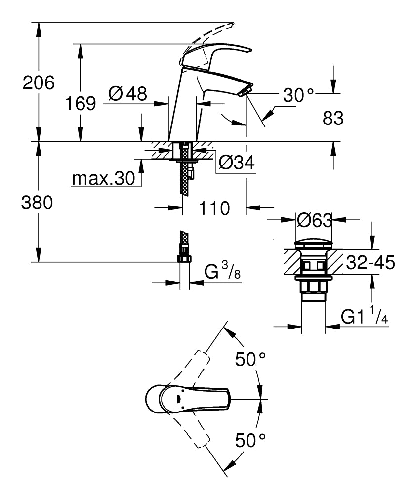 Baterie lavoar Grohe Eurosmart, 3/8'', marimea M, monocomanda, crom - 23923002