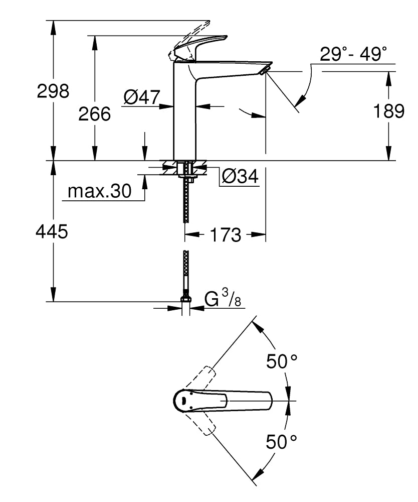 Baterie lavoar Grohe Eurosmart New 2021, marimea XL, montare blat, furtunuri,crom-23971003