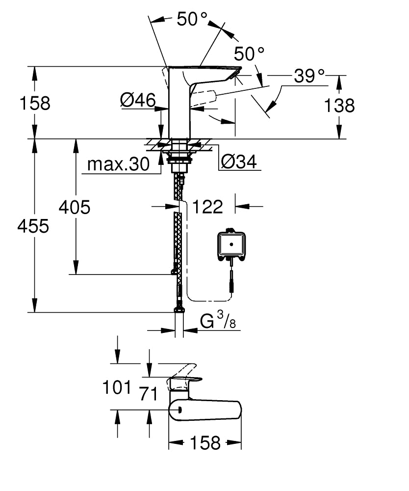Baterie lavoar electronica Grohe Eurosmart,2 in 1 hybrid, 6 V, cu maner aparent, crom - 23975003