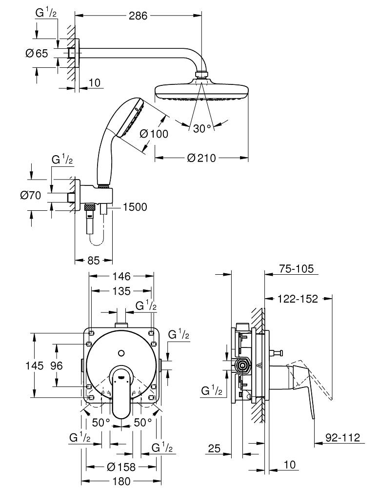 Sistem dus montaj incastrat Grohe Eurosmart Cosmo Perfect Shower,corp incastrat inclus-25219001
