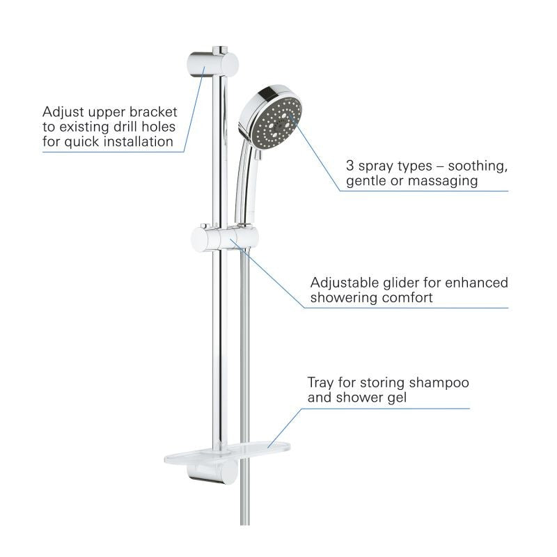 Set de dus Grohe Vitalio Comfort, 3 jeturi, universala, 600 mm, furtun 1.75 m, crom - 26097000