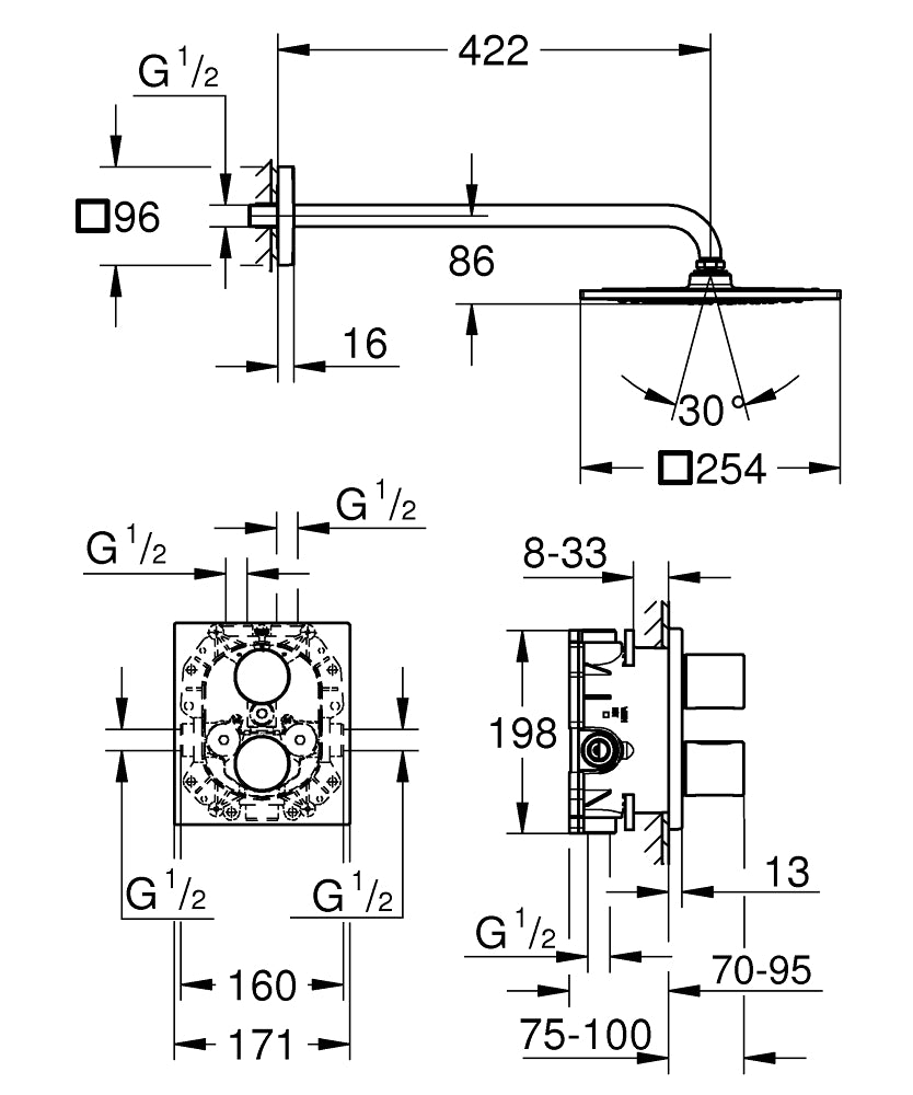 Sistem dus Grohe,termostat,Grohtherm 3000 Cosmo Perfect shower, montaj incastrat,para 254 mm-26261000