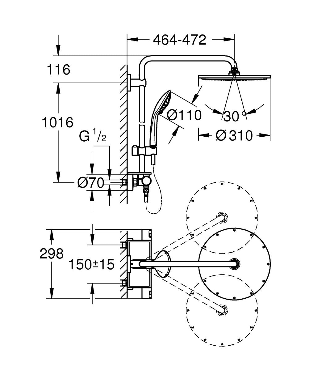 Coloana dus Grohe Vitalio Joy System 310, baterie termostatata, savoniera, crom - 26401000