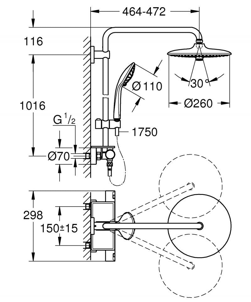 Sistem de dus Grohe Vitalio Joy, 1/2'', aparent, termostat, 260 mm, 3 jeturi, crom - 26403001