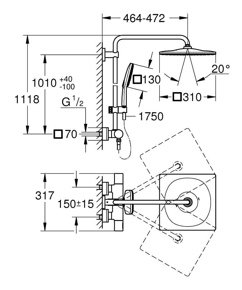 Coloana de dus cu termostat Grohe Rainshower Smartactive 310 Mono Cube-26649000