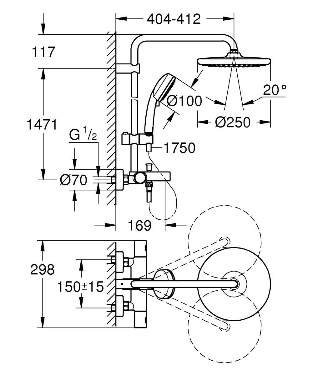 Sistem de cada Grohe Tempesta Cosmopolitan 250, 1/2'', aparent, termostat, 2 jeturi, crom - 26672000