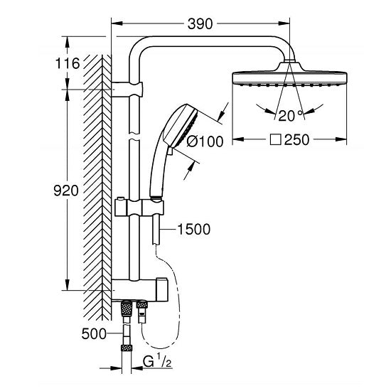 Pachet: Coloana dus Grohe  250,palarie patrata, baterie cabina dus Grohtherm 500 (26694001. ,34793000)