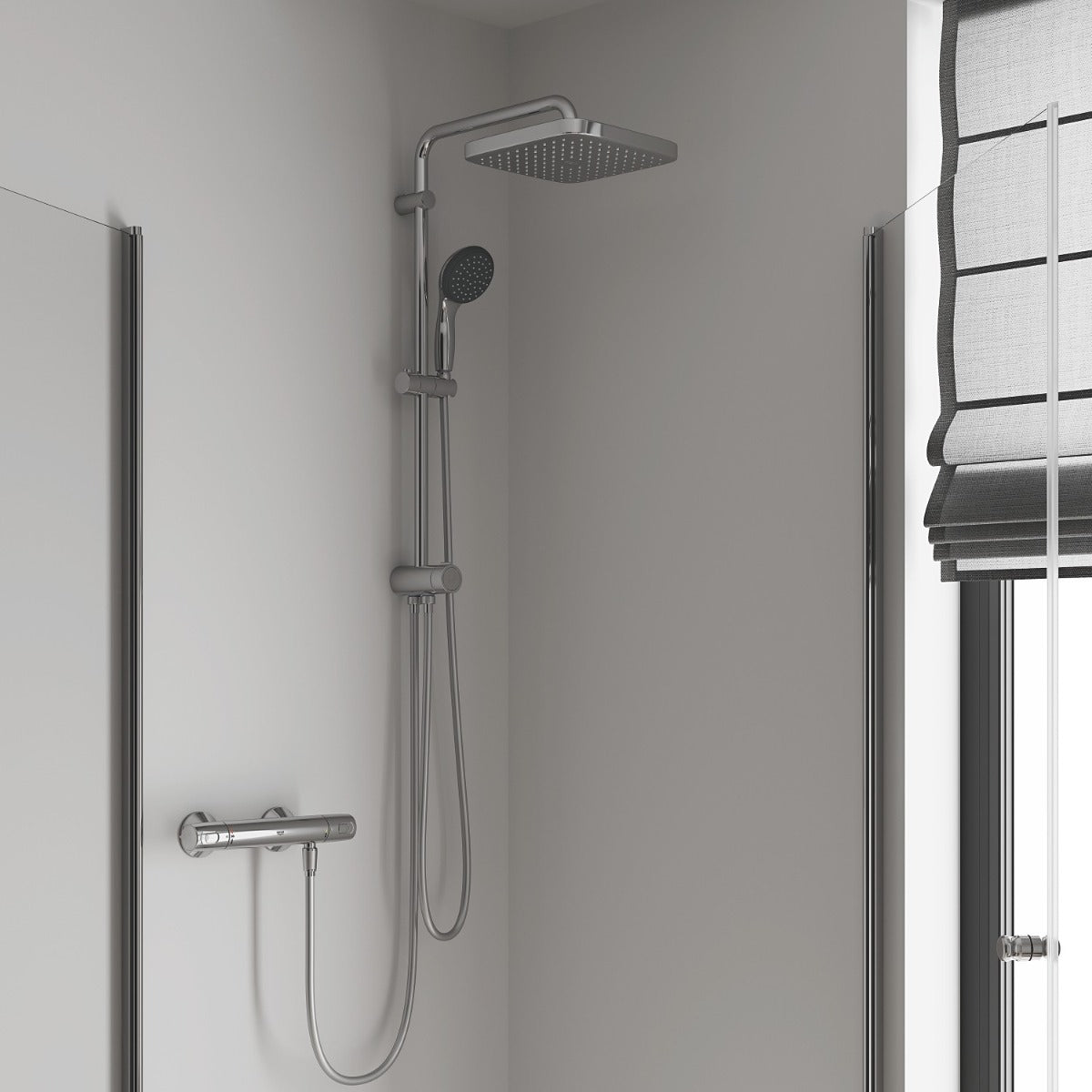 Coloana dus Grohe Vitalio,palarie patrata 25 cm,para de mana,crom,montare pe perete, fara baterie-26698001