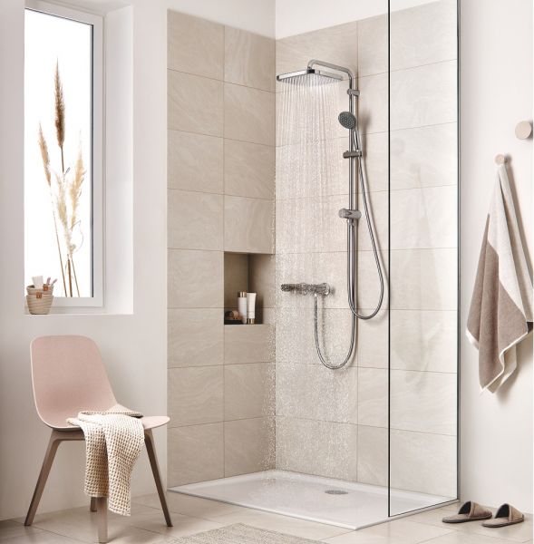 Coloana dus Grohe Vitalio,palarie patrata 25 cm,para de mana,crom,montare pe perete, fara baterie-26698001