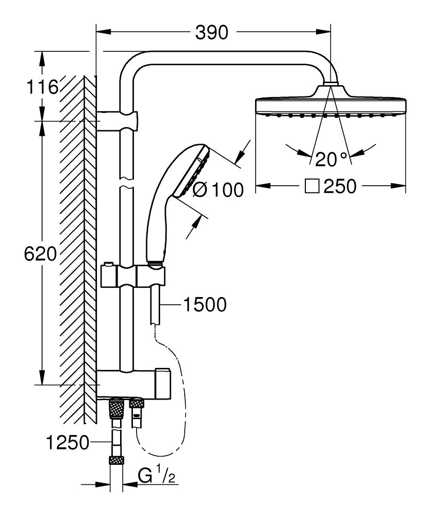 Pachet: Coloana dus Grohe  250,palarie patrata, baterie cada/dus Grohtherm 1000 Performance  (26694001, 34830000  )