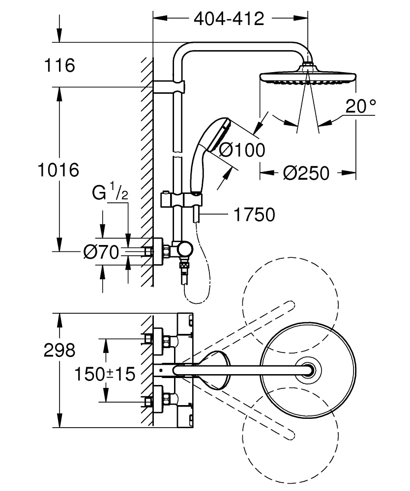 Coloana dus Grohe Vitalio,palarie  25 cm, baterie termostat,crom-26816000